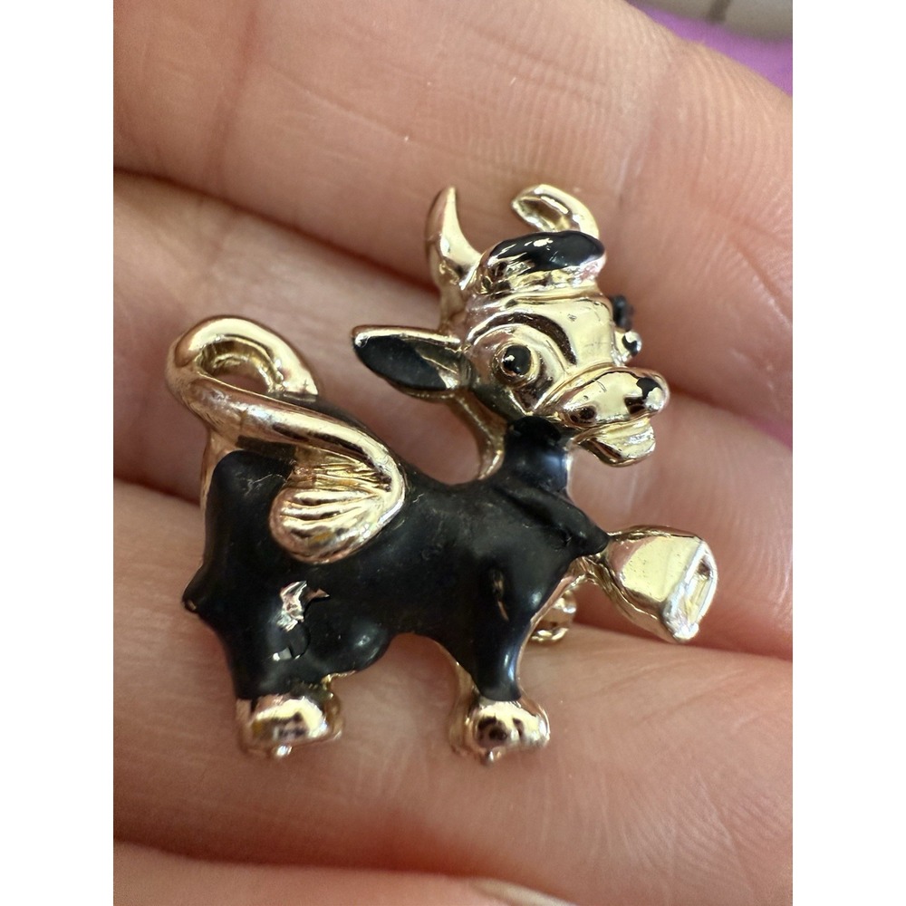 Farm Mini Cow Brooch Pin 1" Black Gold Accent Brooch Tiny Bull Animal Jewelry